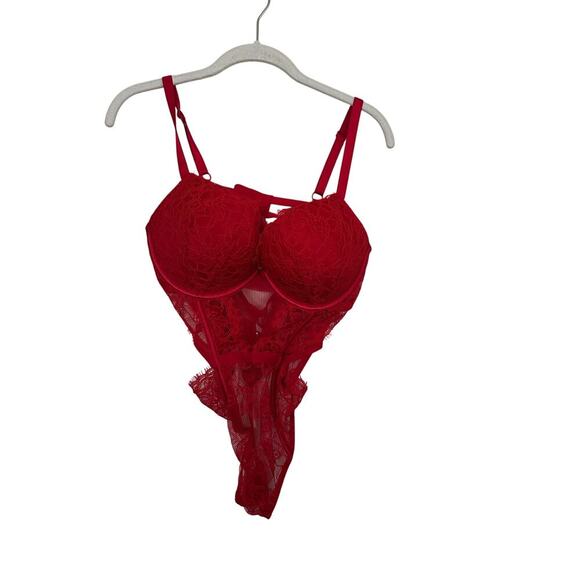 Victoria’s Secret Women's Red Lace Cutout Push Up Thong Bodysuit Size Large - Picture 2 of 6